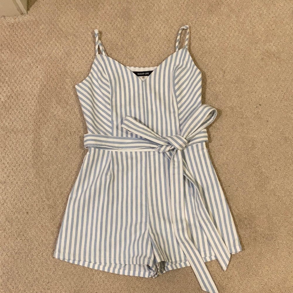 Sugar Lips blue and white striped romper S NWT